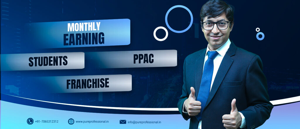 A professional man in a suit giving a thumbs-up, with a banner that reads 'Monthly Earning' and options for 'Students,' 'PPAC,' and 'Franchise' from Pure Professional Skill ,Development Institute. Contact information includes a phone number, website, and email address.